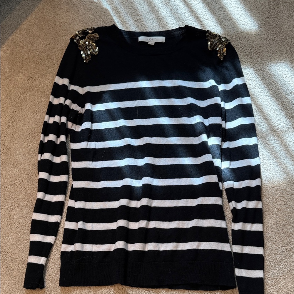 CAbi Striped Sweater with Gold Shoulder Accents